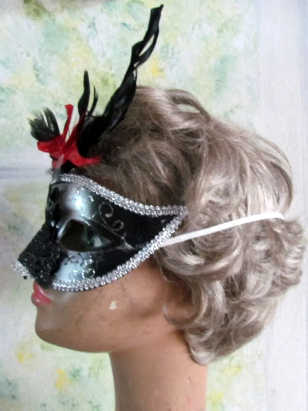 HALLOWEEN MASK, MOLDED w SPARKLES, SILVER BRAID, & FEATHERS